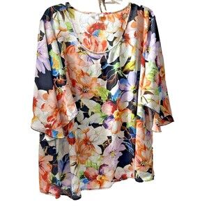 Spense Peach Floral Blouse Women's 2X Flared Sleeves Pink Purple Blue Black Top
